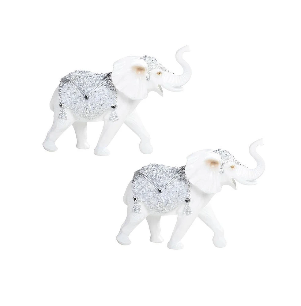 Fc Design "2-pc Set" 9.75"W Silver and White Thai Elephant with Trunk Up Figurine Statue Ornament Home Room Office Decor and Perfect Ideas for Housewa