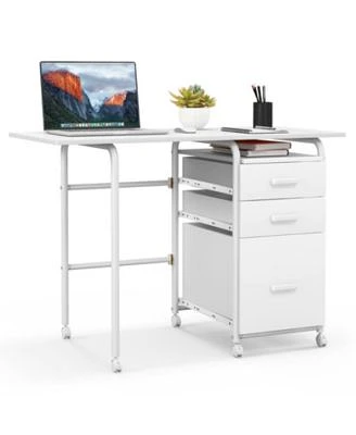 Gouun Folding Computer Desk With Wheels 3 Drawers For Home Office Study