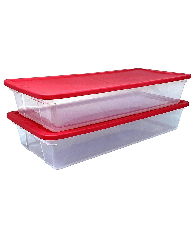 Homz 41Qt Clear Plastic Holiday Storage Container with Red Snap Lock Lid, 2 Pk