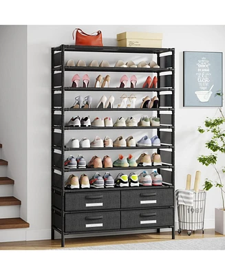 Tribesigns 10-Tier Shoe Storage Organizer with 4 Bin Drawers, 32 Pairs Vertical Shoe Rack for Closet, Entryway, Bedroom, Hallway, or Garage, Tall Free