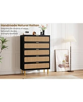 gaomon Rattan 5 Drawer Dresser for Bedroom, Tall Dresser with Deep Drawers