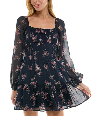 Trixxi Juniors' Floral-Print Long-Sleeve Dress