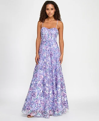 Trixxi Juniors' Floral-Embroidered Corset Gown, Created for Macy's