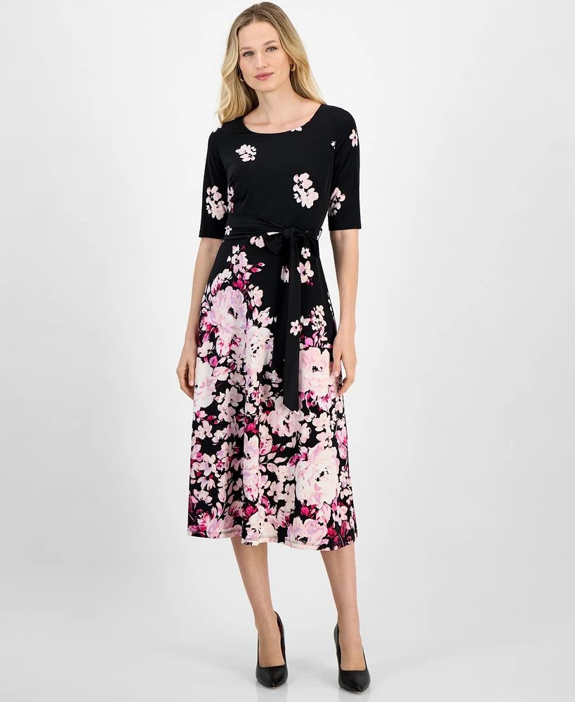 Kasper Women's Floral Belted Elbow-Sleeve Fit & Flare Dress, Regular and Petite Sizes