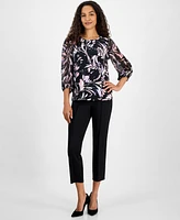 Kasper Women's Printed 3/4-Sleeve Blouson Top, Regular and Petite Sizes