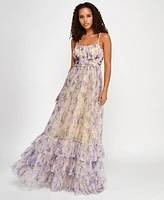 City Studios Juniors' Printed Tulle Ruffle-Hem Gown