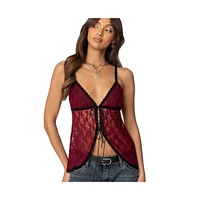 Edikted Womens Maude Tie Front Sheer Lace Top