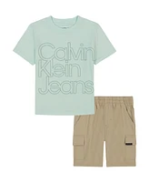 Calvin Klein Toddler and Little Boys Tonal Logo Short Sleeve Tee Twill Cargo Shorts, 2-Piece Set