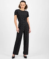 Ak Anne Klein Petite Pull-On Wide-Leg Dot-Print Pants