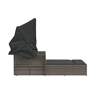 vidaXL Double Sun Lounger with Canopy and Cushions Gray Poly Rattan