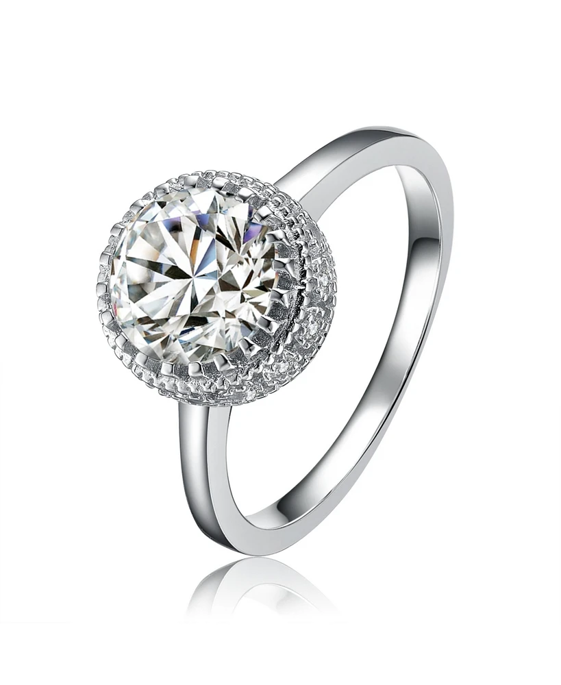 White Gold Plated Sterling Silver Cubic Zirconia Round Halo Ring