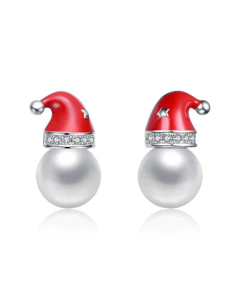 White Gold Plated with White Pearl & Clear Cubic Zirconia Santa Hat Stud Earrings