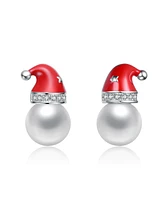 White Gold Plated with White Pearl & Clear Cubic Zirconia Santa Hat Stud Earrings