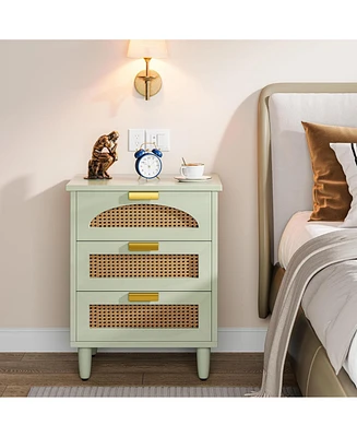 Tribesigns Mint Green Nightstand, 3-Drawer Rattan Night Stand Side Table, Accent Bedside Tables End Table for Bedroom and Small Spaces, Easy Assembly