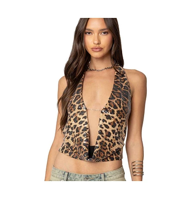 Edikted Womens Sequin Leopard Printed Cowl Neck Top