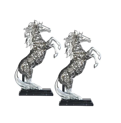 Fc Design "2-pc Set" 12"H Decorative Craved Standing Silver Horse Figurine with Base Figurine Statue Ornament Home Room Office Decor and Perfect Ideas