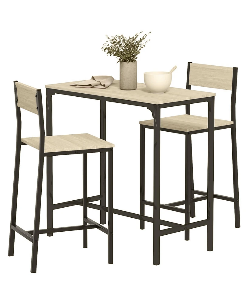 Homcom Bar Table and Chairs, Industrial Dining Table Set for 2 Small Space