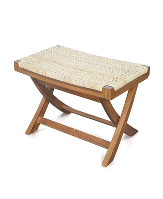 Gouun Folding Ottoman Footstool with Rattan Seat and Teak Wood Frame – Ergonomic, Multi-Functional for Compact Spaces