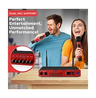Pyle Uhf Wireless Microphone System with Bluetooth - Dual Channel, 2 Handheld Mics, Portable Mixer, Red