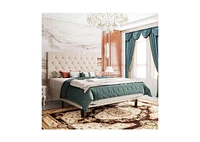 Slickblue Linen Upholstered Platform Bed with Button-Tufted Headboard