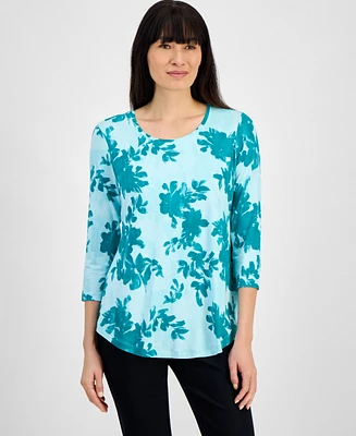Jm Collection Women's Printed Scoop-Neck 3/4-Sleeve Top, Exclusively at Macy's
