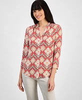 Jm Collection Petite Adrianna Azulejos V-Neck Top, Exclusively at Macy's