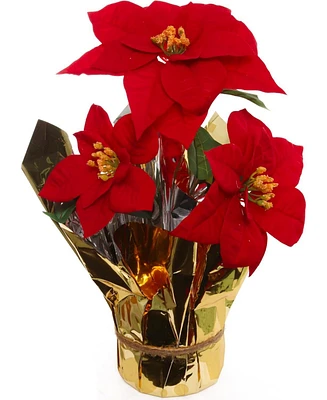 Floral Home 9.5" Diameter Artificial Red Poinsettia Bush with 3 Flowers in Pot Pack of 6