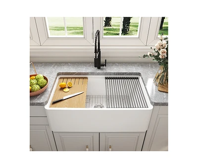 DeerValley 33" L X 20" W Single Basin Workstation Farmhouse Kitchen Sink With Sink Grid, Cutting Board And Dish-Drying Rack