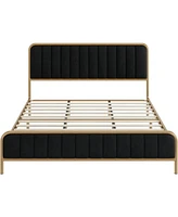 Slickblue Metal Platform Bed Frame with Black Velvet Upholstered Headboard