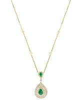 Effy Emerald (3/4 ct. t.w.) & Diamond (1-1/8 ct. t.w.) Double Pear Halo 18" Pendant Necklace in 14k Gold