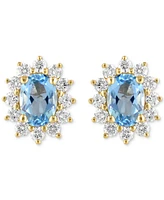 Effy Collection Diamond (5/8 ct. t.w.) & Aquamarine (1 ct. t.w.) Oval Halo Stud Earrings in 14k Gold