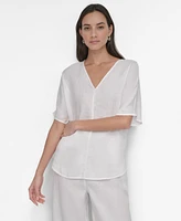 Dkny Women's Seamed-Front V-Neck Curved-Hem Linen Blouse