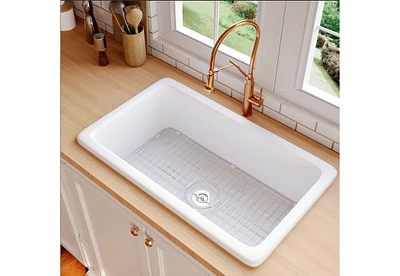 DeerValley Rectangular Fireclay 32" L x 19" W Fireclay Undermount Kitchen Sink with Basket Strainer and Sink Grid