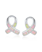 Bling Jewelry Pink Synthetic Opal Ribbon Breast Cancer Awareness Stud Earrings Sterling Silver 8MM