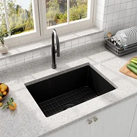 Casainc 27" L x 19" W Undermount Single Bowl Fireclay Farmhouse Kitchen Sink with Grid, Drain Assembly