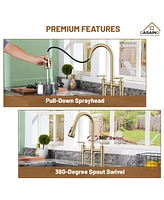 Casainc 2-Handle Bridge Kitchen Faucet with Three Function Pull-Down Sprayhead 1.8 Gpm