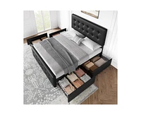 gaomon Queen Size Bed Frame with 4 Storage Drawers and Headboard, Faux Leather Upholstered Platform Bed Frame with Wooden Slats Support