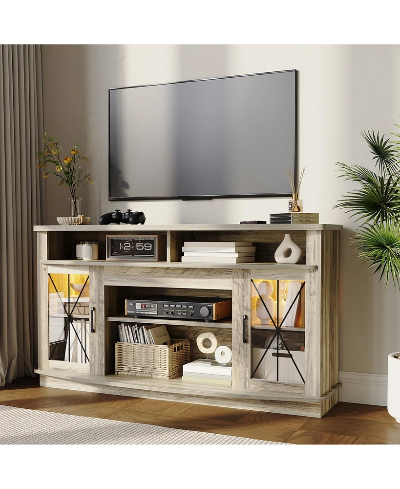 gaomon 59" Farmhouse Tv Stand Media Entertainment Center Tv Cabinet with Acrylic Door Storage Cabinets and Adjustable Shelves Mid Century Modern Conso