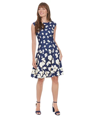 London Times Women's Printed Cap-Sleeve Fit & Flare Dress