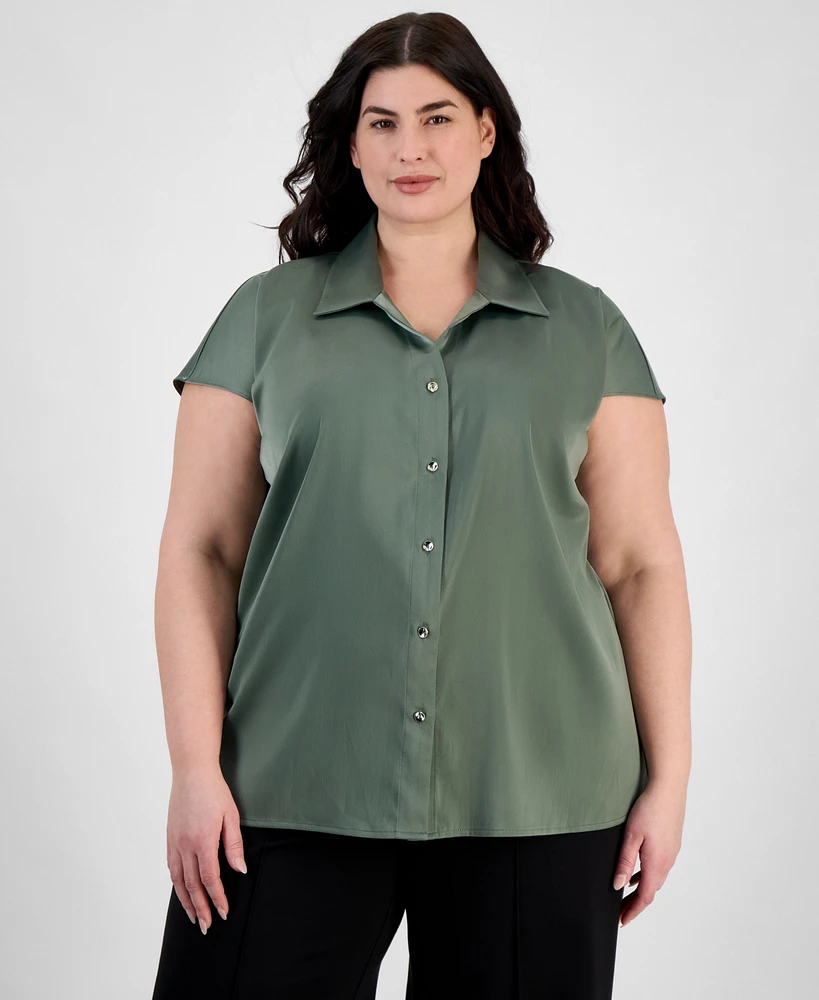 Anne Klein Plus Cap-Sleeve Satin Collared Blouse