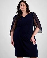 Connected Plus Sheer-Sleeve Chain-Detail Sheath Dress