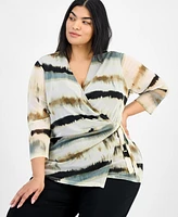 Anne Klein Plus Size 3/4-Sleeve Printed Mesh Top