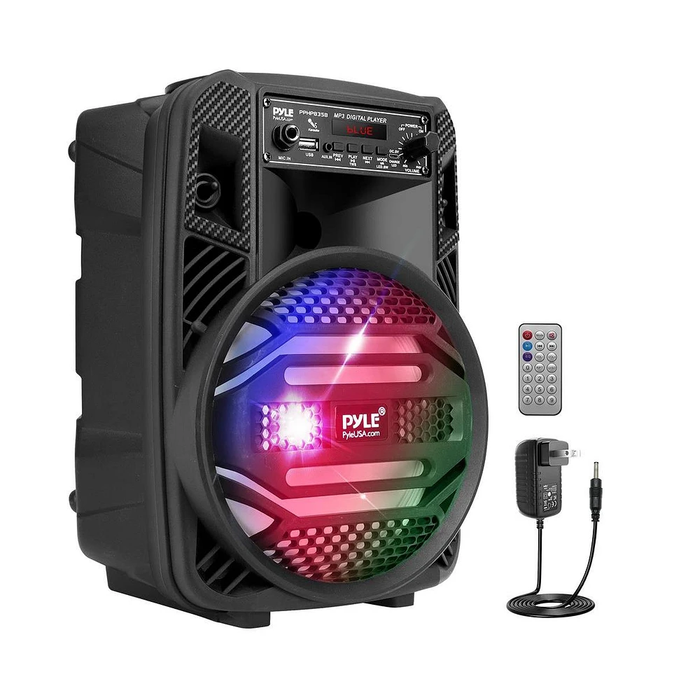 Pyle 8” Bluetooth Portable Pa Speaker with Flashing Party Lights, MP3/Usb/Fm Radio & Rechargeable Battery