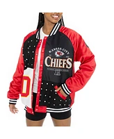Gameday Couture Women's Red/Black Kansas City Chiefs Oversized Hot Shot Rhinestone Throwback Full-Snap Varsity Bomber Jacket
