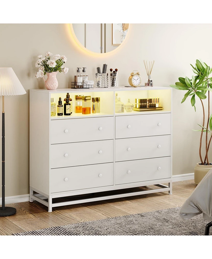 gaomon 6 Drawer Dressers with Led Light Chests with 4 Outlets & 2 Usb Ports Modern Dresser with Open Shelf Storage Dresser for Bedroom