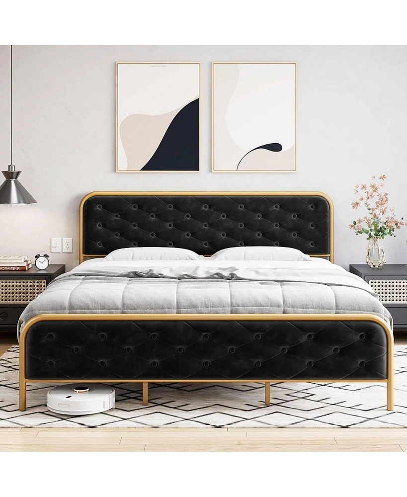 gaomon King Bed Frame with Button Velvet Headboard