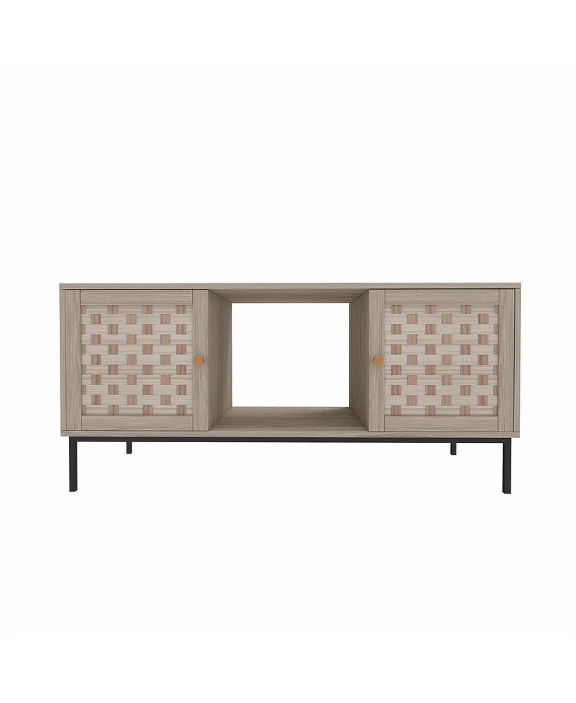 Boyel Living Elegant Veener Weaving Design Coffee Table with 4 Sliding Door, Wooden Center Rectangular Table with Symmetrical Design Storage Cabinet