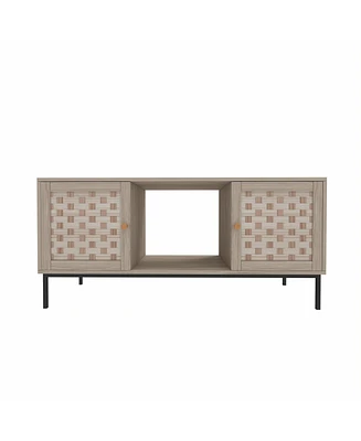 Boyel Living Elegant Veener Weaving Design Coffee Table with 4 Sliding Door, Wooden Center Rectangular Table with Symmetrical Design Storage Cabinet