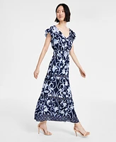 Anne Klein Women's Printed Border-Trim Drawstring Maxi Dress