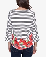 Ruby Rd. Petite Poppy Embroidered Stripe Knit Three Quarter Sleeve T-Shirt